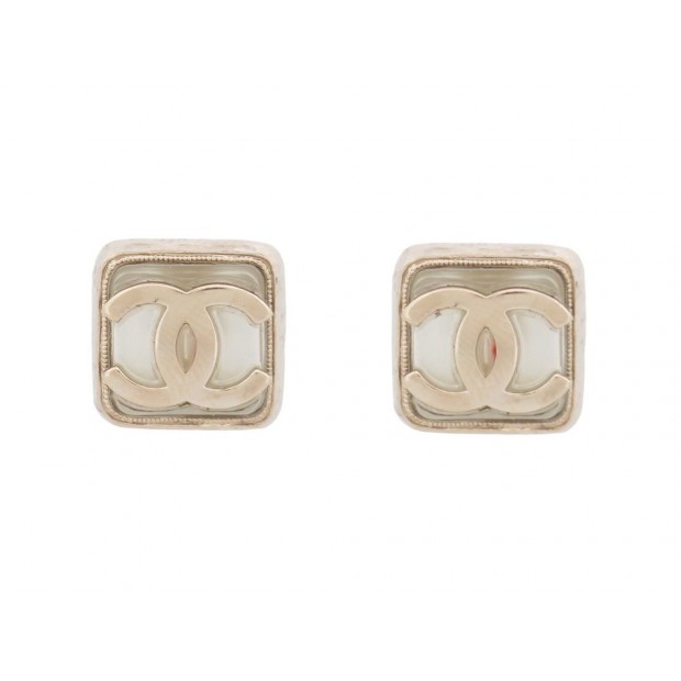 NEUF BOUCLES D'OREILLES CHANEL CARRE LOGO CC METAL DORE GOLD STEEL EARRINGS 560€