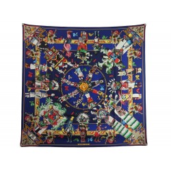 NEUF FOULARD HERMES KACHINAS CARRE 90 SOIE BLEU MARINE KERMIT OLIVER SCARF 495€