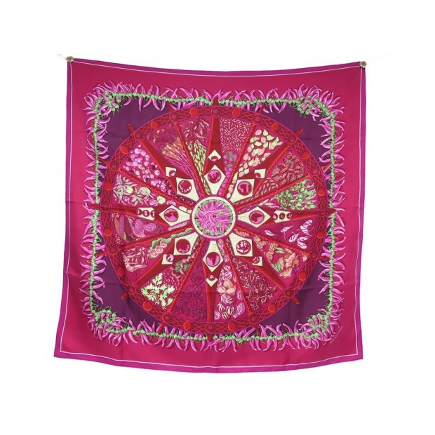 FOULARD HERMES AU PAYS DES EPICES FAIVRE SOIE FUSHIA CARRE 90 CM SILK SCARF 495€