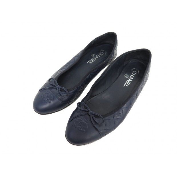 CHAUSSURES CHANEL BALLERINES LOGO CC 41.5 G26250 CUIR MATELASSE BLEU SHOES 1150€