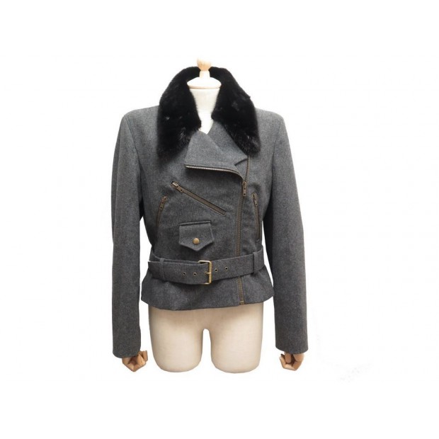 NEUF MANTEAU CELINE M 40 VESTE EN LAINE GRISE & COL FOURRURE DE VISON COAT 1000€