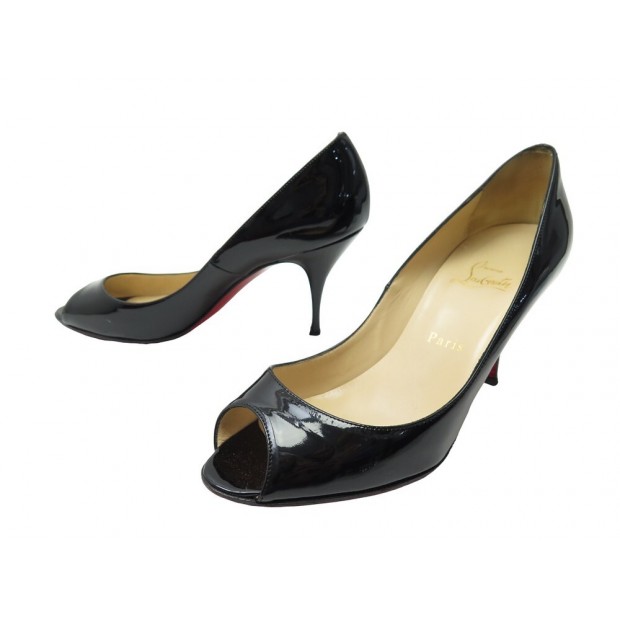 CHAUSSURES CHRISTIAN LOUBOUTIN ESCARPINS 38.5 CUIR VERNIS NOIR OPEN SHOES 795€