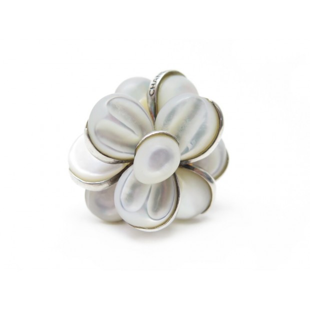 VINTAGE BAGUE CHANEL CAMELIA MOTHER OF PEARL EN ARGENT MASSIF 925 52 SILVER RING