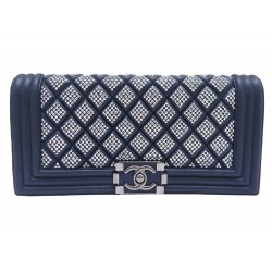 SAC A MAIN CHANEL POCHETTE BOY STRASS SWAROVSKI CUIR BLEU BLUE POUCH CLUTCH BAG