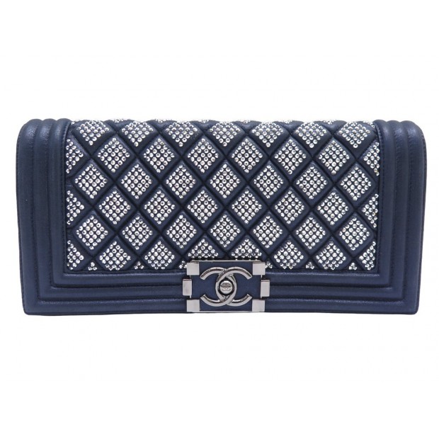 SAC A MAIN CHANEL POCHETTE BOY STRASS SWAROVSKI CUIR BLEU BLUE POUCH CLUTCH BAG