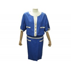 VINTAGE ROBE CHANEL BOUTONS LOGO CC 23945 L 42 EN SOIE BLEUE SILK DRESS 5500€