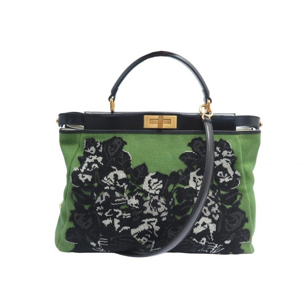 NEUF SAC A MAIN FENDI PEEKABOO BRODERIE TOILE VERTE BANDOULIERE HAND BAG PURSE