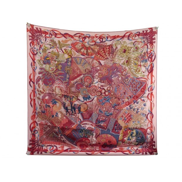 NEUF FOULARD HERMES AU FIL DU CARRE 90 FAIVRE SOIE ROSE + BOITE SILK SCARF 495€