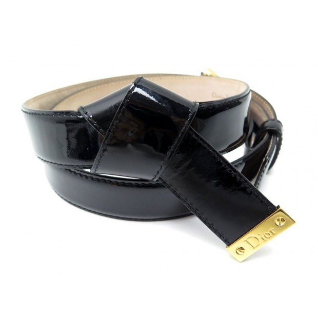 NEUF CEINTURE CHRISTIAN DIOR NOEUD 90 CUIR NOIR VERNI BLACK LEATHER BELT 450€