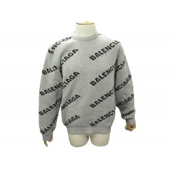 NEUF PULL BALENCIAGA 534418 COL ROND ALLOVER LOGO L 54 LAINE GRIS SWEATER 1200€