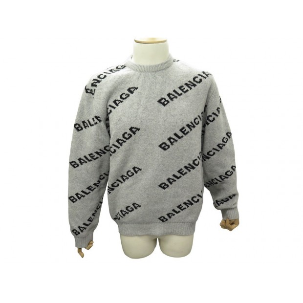 NEUF PULL BALENCIAGA 534418 COL ROND ALLOVER LOGO L 54 LAINE GRIS SWEATER 1200€