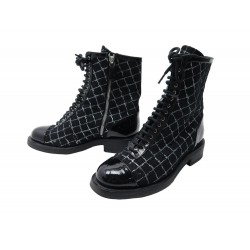 CHAUSSURES CHANEL COMBAT BOOTS G36209 37 BOTTINES TWEED CUIR VERNIS SHOES 1800€