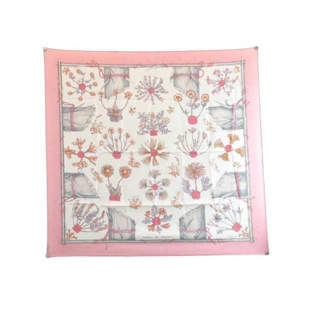 FOULARD HERMES HERBIER DE GAVARNIE CARRE SOIE BROCHEE JACQUARD ROSE SCARF 350€