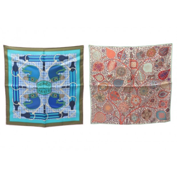 LOT FOULARD HERMES TATERSALE & L'ARBRE DE VIE GAVROCHE SOIE BLEU SILK SCARF 450€