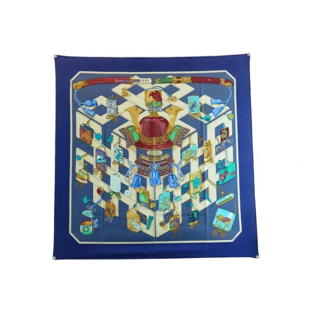 FOULARD HERMES REVERIES JAPONAISES CATHY LATHAM CARRE EN SOIE BLEU SCARF 350€