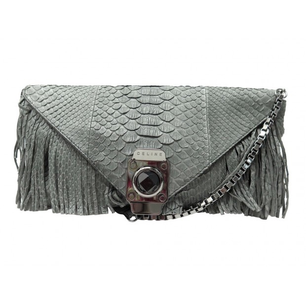 SAC A MAIN CELINE ENVELOPPE FRANGES 32CM CUIR PYTHON GRIS HAND BAG PURSE 2000€