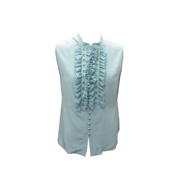 NEUF CHEMISIER CHLOE COL A FROUFROU S 36 EN SOIE BLEU NEW SILK TOP SHIRT 1000€