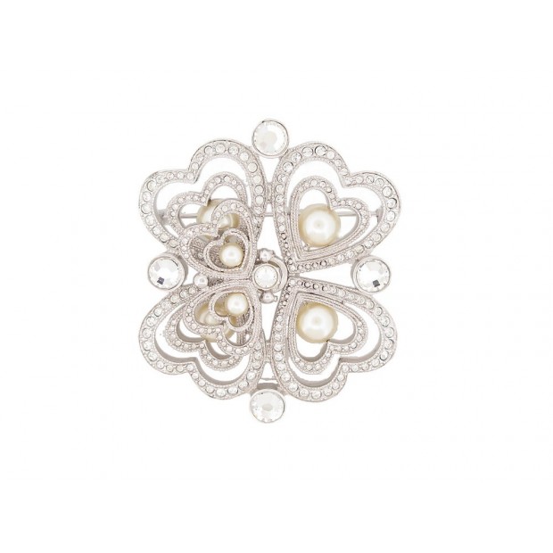 NEUF BROCHE CHRISTIAN DIOR TREFLES STRASS METAL ARGENTE STEEL BROOCH 490€