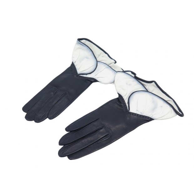 GANTS HERMES LONGS BICOLORE EN CUIR BLEU MARINE ET BLANC TAILLE 7 GLOVES 800€