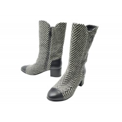 CHAUSSURES CHANEL BOTTES G31207 36.5 TWEED CUIR NOIR LOGO HIGH BOOTS SHOES 1800€