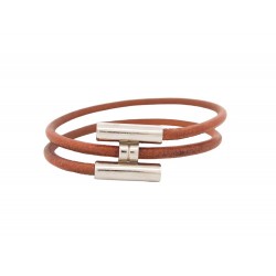 BRACELET HERMES TOURNIS 21 CM ACIER PALLADIE CUIR MARRON BIJOU BANGLE JEWEL 395€