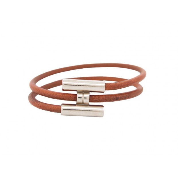 BRACELET HERMES TOURNIS 21 CM ACIER PALLADIE CUIR MARRON BIJOU BANGLE JEWEL 395€