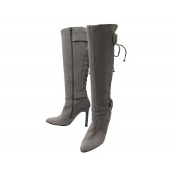 NEUF CHAUSSURES BOTTES MANOLO BLAHNIK LACETS CORSAGE 38.5 DAIM GRIS BOOTS 1195€