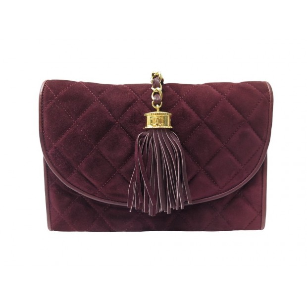 VINTAGE SAC POCHETTE A MAIN CHANEL A POMPON EN DAIM MATELASSE BORDEAUX CLUCH BAG