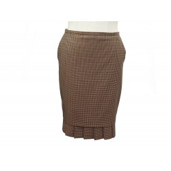 JUPE HERMES DROITE CARREAUX A PLIS S 36 LAINE VIERGE MARRON WOOL SKIRT 2800€