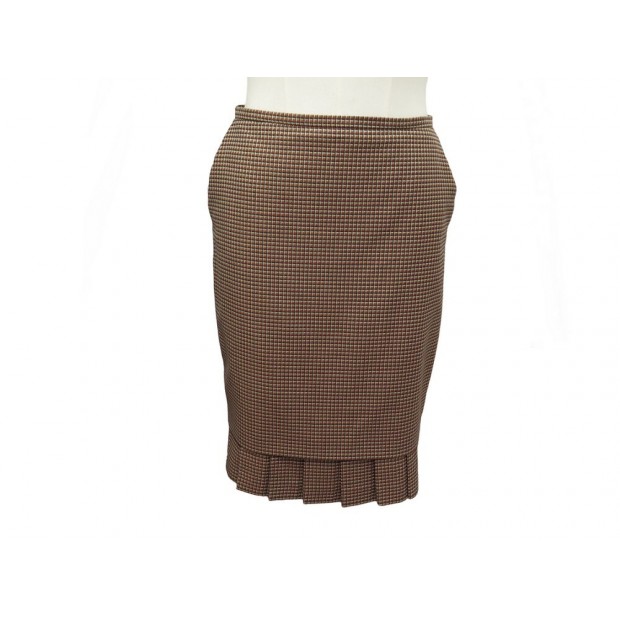 JUPE HERMES DROITE CARREAUX A PLIS S 36 LAINE VIERGE MARRON WOOL SKIRT 2800€