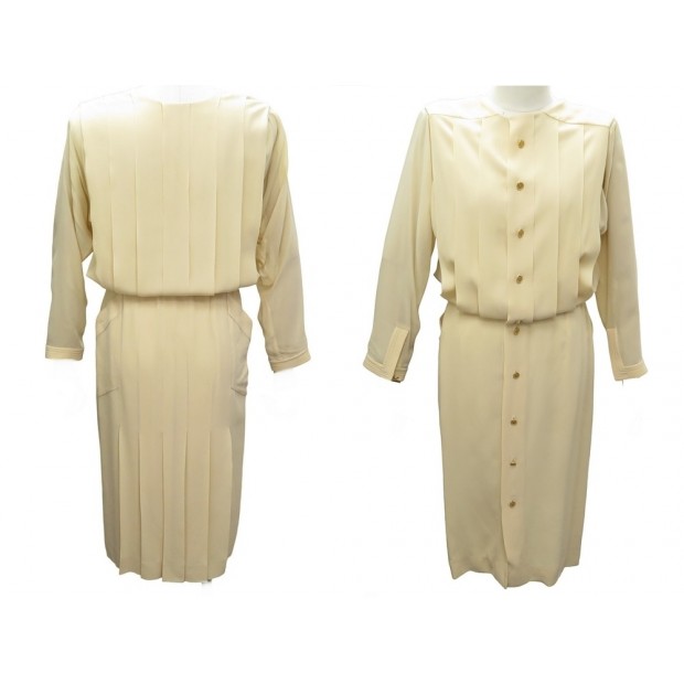 VINTAGE ROBE CHANEL BOUTONS LOGO COCO CC CAMBON M 38 SOIE BEIGE SILK DRESS 5500€