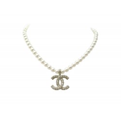 NEUF COLLIER CHANEL LOGO CC & PERLES METAL 35/45 NEW STRASS PEARL NECKLACE 1290€