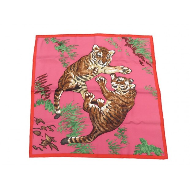 NEUF FOULARD HERMES LES TIGREAUX R DALLET GAVROCHE SOIE ROSE + BOITE SCARF 210€