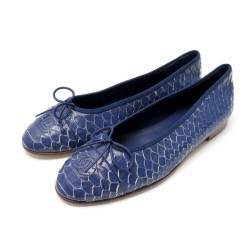 NEUF CHAUSSURES CHANEL LOGO CC G02819 39.5 BALLERINES EN CUIR PYTHON BLEU 1330€