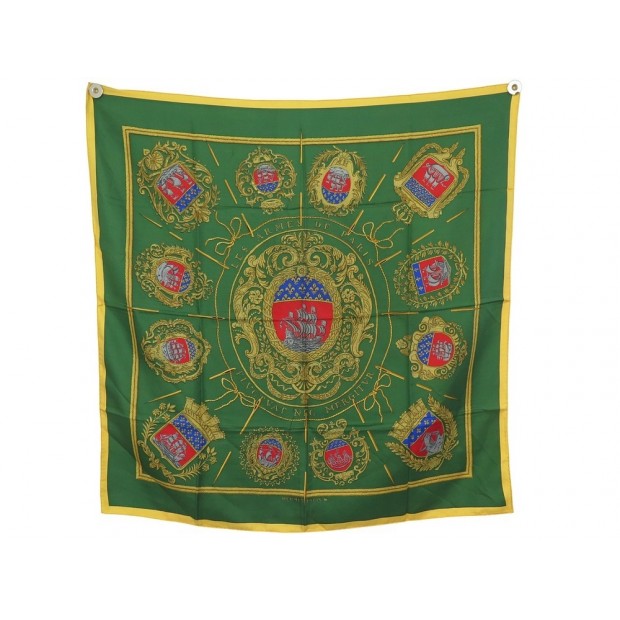 VINTAGE FOULARD HERMES LES ARMES DE PARIS GRYGKAR CARRE 90 SOIE VERT SCARF 495€