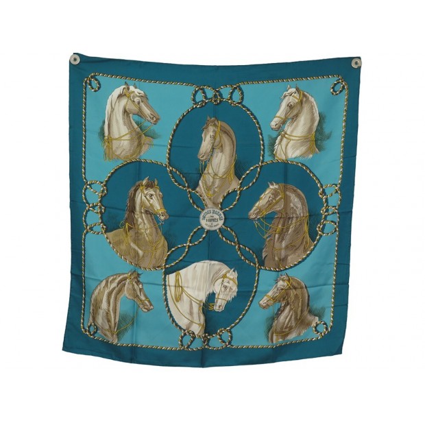 VINTAGE FOULARD HERMES BRIDES LEGERES F HERON CARRE 90 SOIE BLEU SILK SCARF 495€