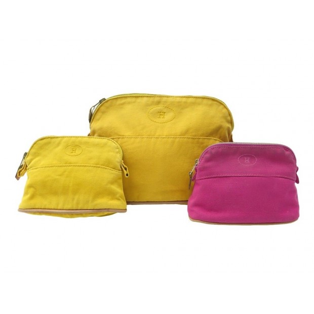 LOT HERMES 3 POCHETTES BOLIDE EN TOILE ROSE ET JAUNE CANVAS POUCH CLUTCHS 760€