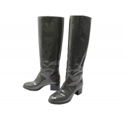 CHAUSSURES CHANEL BOTTES CAVALIERES G28474 37.5 CUIR VERNIS + BOITE BOOTS 1315€