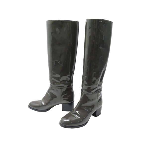 CHAUSSURES CHANEL BOTTES CAVALIERES G28474 37.5 CUIR VERNIS + BOITE BOOTS 1315€