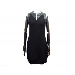 ROBE LOUIS VUITTON T42 L EN LAINE NOIR ET DETAILS CUIR BLACK WOOL DRESS 3750€