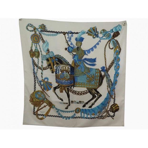 VINTAGE FOULARD HERMES LE TIMBALIER 1ERE EDITION SOIE BEIGE BLUE SILK SCARF 495€