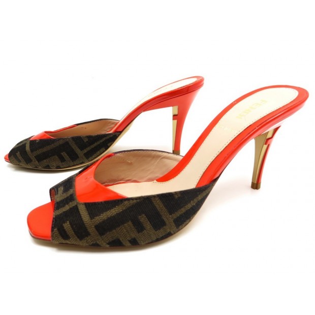 NEUF CHAUSSURES FENDI MULES A TALONS 36.5 TOILE MONOGRAMMEE ET CUIR ORANGE 450€