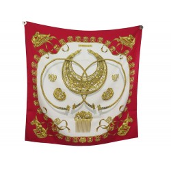 FOULARD HERMES LES CAVALIERS D'OR CARRE 90 SOIE ROUGE + BOITE SILK SCARF 495€