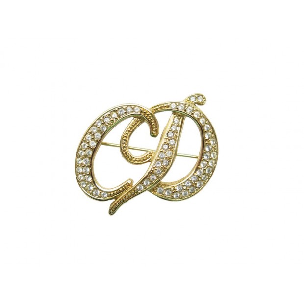 NEUF BROCHE CHRISTIAN DIOR STRASS LOGO CD STRASS METAL DORE GOLDEN BROOCH 450€