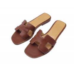 CHAUSSURES HERMES SANDALES ORAN H021056Z 37 MULES CUIR MARRON SANDALS SHOES 595€