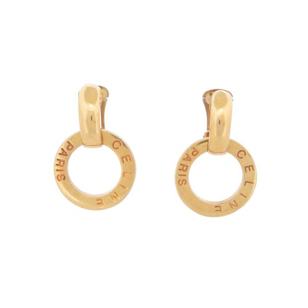 VINTAGE BOUCLES D'OREILLES CELINE GRANDES PUCES RONDES METAL DORE EARRINGS 490€
