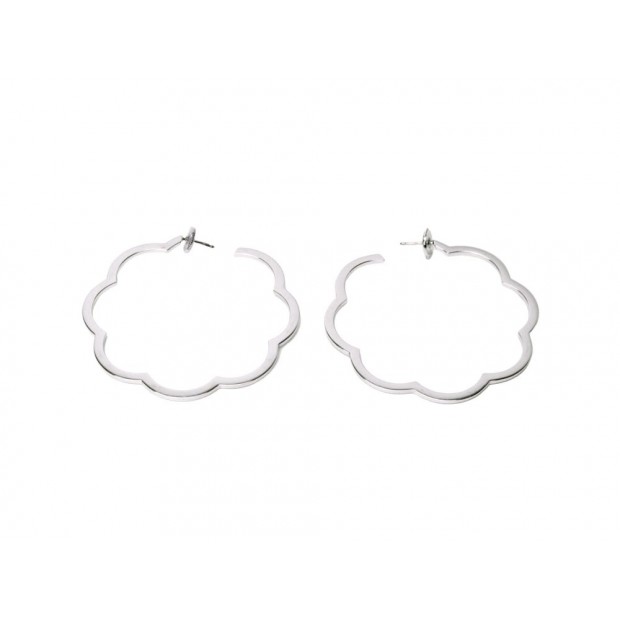 BOUCLE OREILLE CHANEL CREOLES COLLECTION CAMELIA EN OR BLANC + BOITE 