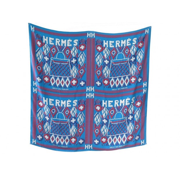 FOULARD HERMES KELLY EN PERLES CARRE 140 CM EN SOIE BLEU BLUE SILK SCARF 705€