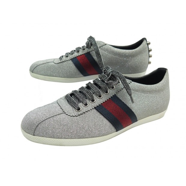 CHAUSSURES GUCCI BASKETS WEB STUDS 419544 39 TOILE ARGENTEES SNEAKERS SHOES 670€