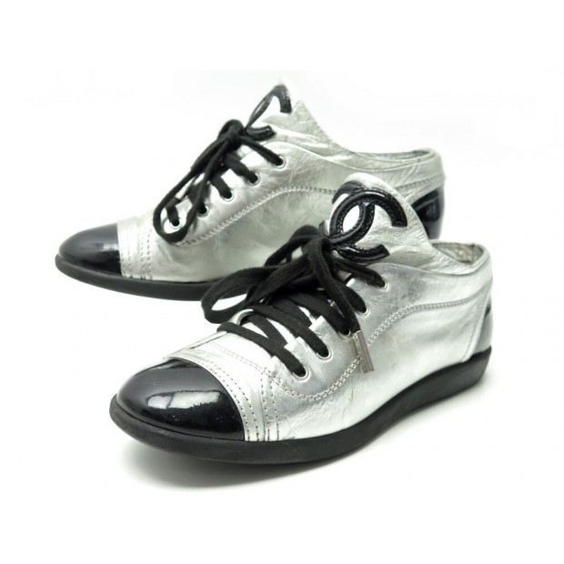 CHAUSSURES CHANEL LOGO CC G25313 36 BASKETS EN CUIR ARGENTE SNEAKERS SHOES 1150€